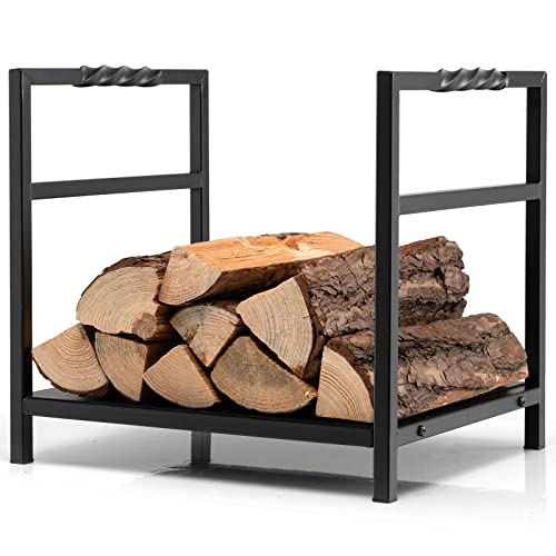 COSTWAY Soporte para Leña, Estante de Leña de Alta Resistencia con una Sola Asa y Pies Elevados, Leñero para Chimenea, Estufa, Pozo de Fuego, Fácil de Montar, Negro