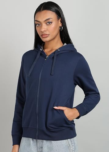 Image of Alan Jones Clothing Women's Solid Zipper Hooded Sweatshirt | Front Zip, Ribbed Hem, Lined Hood, Casual Winter Wear