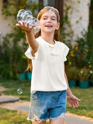 Haloumoning Girls Ruffle Short Sleeve T Shirts Kids Summer Bow Tie Smocked Blouses Cute Tops 5-14 Years3