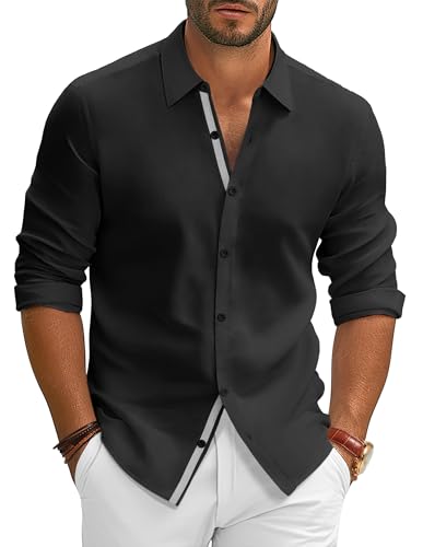 PJ PAUL JONES Camisas de vestir de manga larga para hombre, elásticas, con botones, no necesita planchado, Negro, XL
