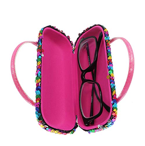 Women Kids Girls Boys Reversible Sequins Eyeglass Case Glasses Pouch Dazzling Sparkle Glitter Hard Shell With Handle, Colorful, One Size #TOP3