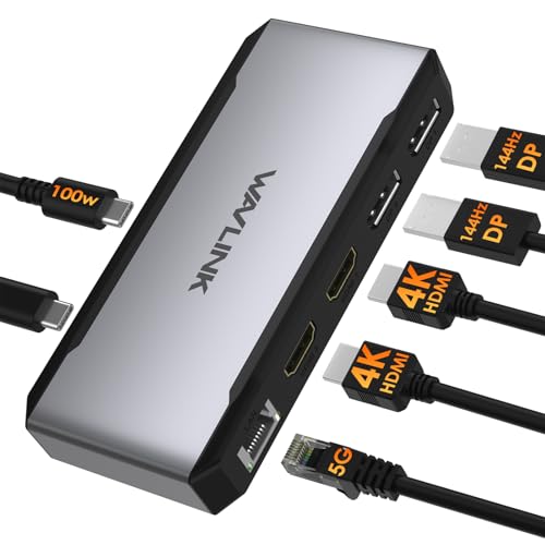USB C Docking Station Dual HDMI, WAVLINK 4 Monitor Docking Station with Dual DP, Dual HDMI, 100W PD in, 5G Ethernet Port for Dell/HP/Lenovo etc, Windows Systerm Computer Only - Host USB3.2 Required