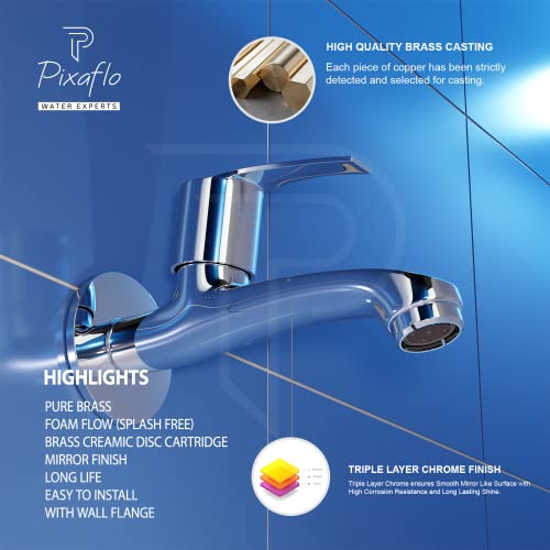 Image of Pixaflo Sting Brass Long Body Bib Cock Tap with Wall Flange (Pack of 1) (Chrome)