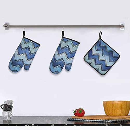 Gradient Blue Denim Oven Mitts And Pot Holders Sets Of 3, Heat Resistant Potholders For Cooking Grilling Bbq #TOP5
