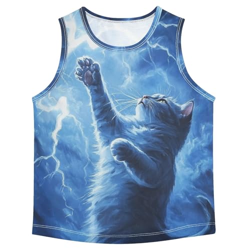 Boys Tank Top Shirts Cat Animal Blue Sleeveless T-Shirts Crew Neck for Kids Clothing Children