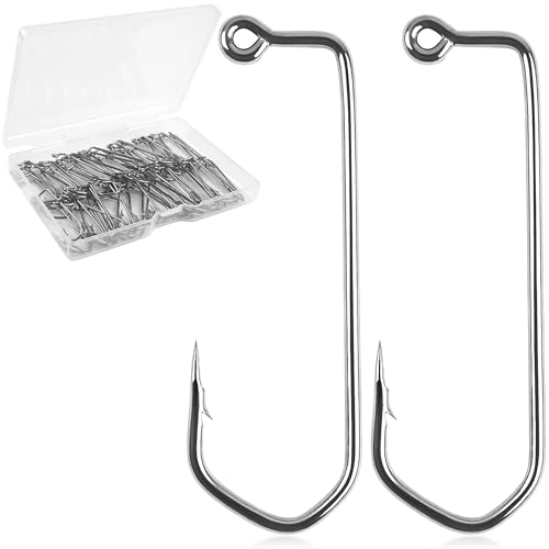 AGOOL 90 Degree Fishing Jig Hooks, 100pcs Classic Aberdeen Hooks Duratin Barbarian Jig Hooks Long Shank Forged Heavy Wire High Carbon Steel Round Bend Jigs 1/0-6/0