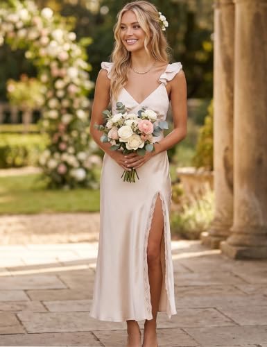 Image of KOUNAI Women's Satin Summer Lace Slit Formal Midi Dress for Wedding Guest | Silk,Elegant,Ruffle Sleeve,Cocktail,Bridesmaid, Beach, Vacation,Party,Adjustable Straps,Graduation,Baby Showe,Engagement
