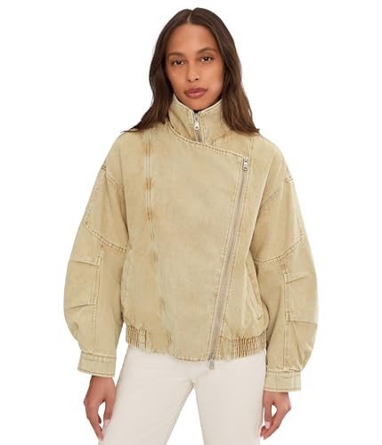 Avec Les Filles Womens Oversized Layered Bomber Washed Khaki MD One Size