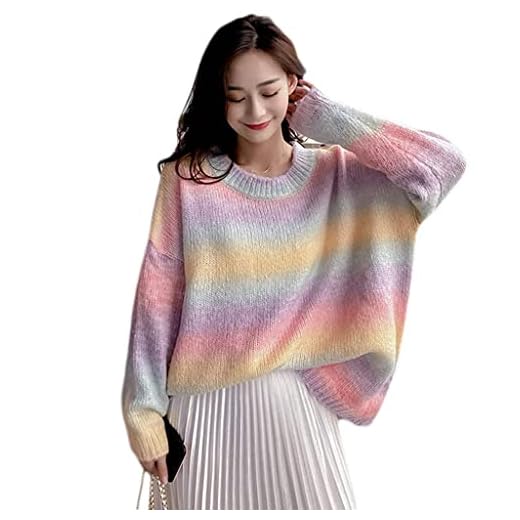 Långärmad tröja dam Gradient Rainbow Stripe tröja Oversized stickad topp - rosa