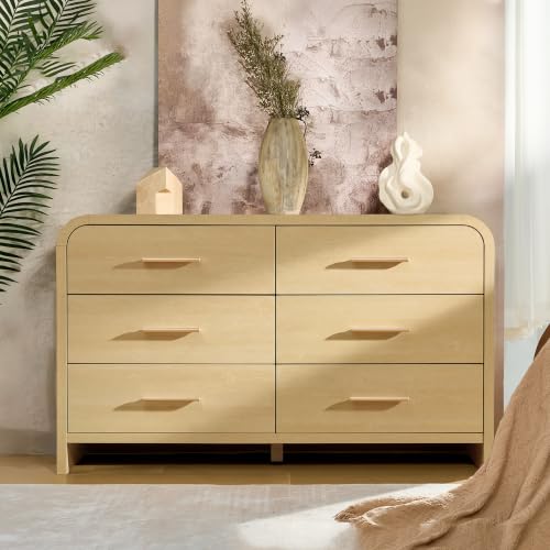 Image of Curved 6-Drawer Dresser for Bedroom, 54 inch Wide Modern Chest of Drawers, Vanity Desk TV Stand for Living Room, Closet Storage Drawers Organizer Furniture, Nursery, Hallway, Natural Oak