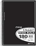 Top Flight Standards 5-Subject Wirebound Notebook, 180 Sheets, 3-Hole Punched, Wide Rule, 10.5 x 8 Inches, 1 Notebook, Color May Vary (31414)