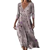 Vestido Largo Mujer Verano 2025 Cuello V, Manga Francesa, Estilo Casual para Playa o Fiesta, Talla Grande, Estampado Boho Floral, Textura Algodón Lino, de Elegante
