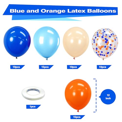 Image of Bezente Blue and Orange Party Latex Balloons Kit 60pcs 12-in with 1 ribbon | Light Royal Blue Nude Orange Confetti Helium Balloons for Kids Birthday Baby Boys Shower Anniversary Graduation Party Decor