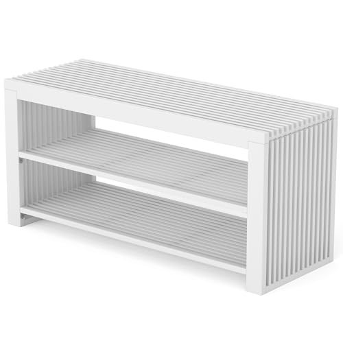 BAM BOO BOX Schuhbank mit Sitzfläche aus Bambus Weiß – Schuhregal schmal mit 2 Ebenen für 6 Paar Schuhe – platzsparender Schuhschrank für Flur, Garderobe & Eingangsbereich – stabiles Shoe Rack