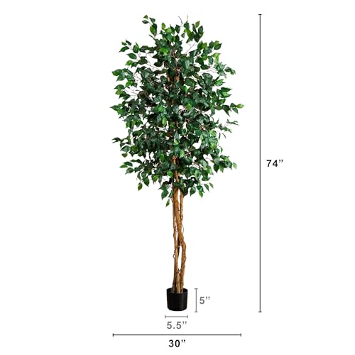 Image of Nearly Natural 74in Artificial Triple Trunk Ficus Tree, Faux Greenery with Natural Wood Trunks for Indoor Home Decor