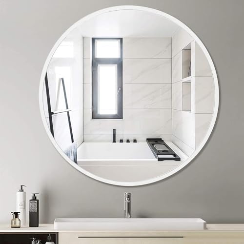 Image of The Arts Box Round Iron Metal Decorative HD Clear Image Wall Mount Round Wall Mirror with Hook for Hanging on Wall for Bedroom, Home Decor, wash Basin, Vanity, Makeup, Bathroom (White 20 Inch)