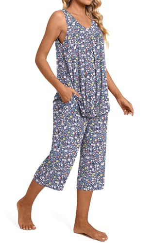 Image of TAOHUADAO Womens Summer 2 Piece Pajama Sets, Sleeveless Tops with Capri Pants, Lounge Ladies Pjs Sets with Pockets