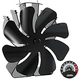 VODA Log Burner Fan 8 Blades Heat Powered Stove Fans Non Electric Fireplace Fan for Wood Burning Stove, Fireplace Accessories Thermometer