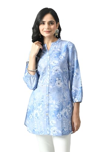 Image of Meesan Women's Mandarin Collar Printed 3 /4th Sleeves Tunic