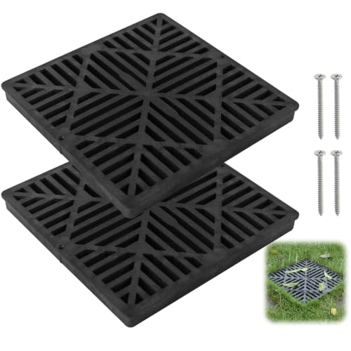 Calvana 2 Pack 12 Inch Catch Basin Drain Grate, Fiberglass Reinforced Polyethylene Square Drain Cover for...