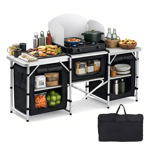 Daromigo XXL Campingküche faltbar 3 Arbeitsflächen & 5 Fächer Mobile Outdoor Kochstation mit Windschutz & Tasche Großer Campingschrank stabil für Familien Grillen & Wohnmobil