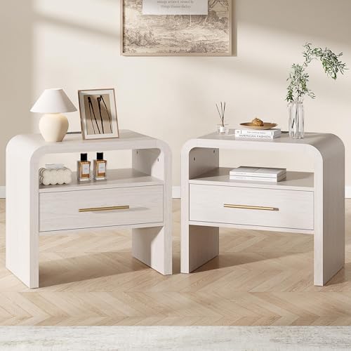 Fatmok Nightstand with Charging Station Set of 2, 24' Wooden Bedside Table with...