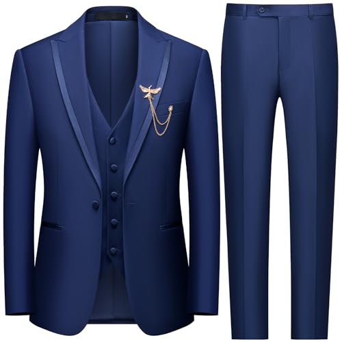 WEEN CHARM Men's 3 Piece Suit One Button Blazer Jacket Vest Pants Set Slim Fit Formal Wedding Business Suit Tuxedo Suit Navy Blue