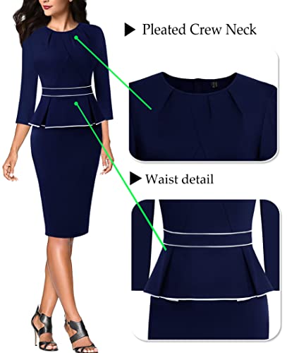 Image of VFSHOW Womens Pleated Crew Neck Peplum Slim Work Business Dress Elegant 3 /4 Sleeves Office Church Bodycon Pencil Sheath Dress