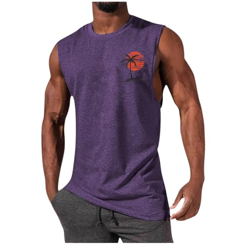 Image of Mens Summer Beach Tank Top Hawaiian Palm Tree Print Sleeveless Muscle Basic Tee Vacation Tops