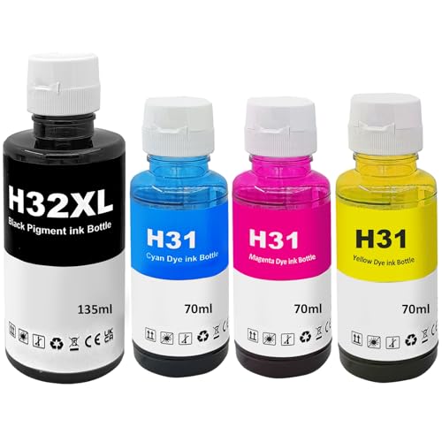 Compatible for HP 31 32XL Ink Bottle Set Compatible with HP Smart Tank 7301 7001 5000 5101 5103 6001 7602 Plus 651 551 455 457 450 All-in-One Printer Ink (4-Pack, Black Cyan Magenta Yellow) -  SHUOLEI, HP32-4C