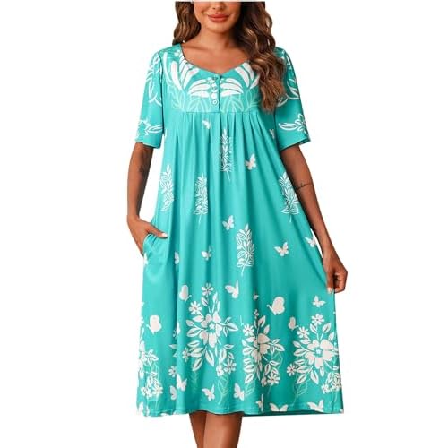 Marvmys Women House Dress with Pocket Mumu Nightgowns Short Sleeve Moomoo Dresses Sleepwears 3X-Large Aqua-butterfly