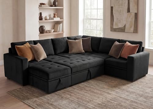 Image of HONBAY Modular Sectional Couch with Pull Out Bed Sleeper Sofa with Storage U Shaped Modular Sectional Couches for Living Room,Velvet Black