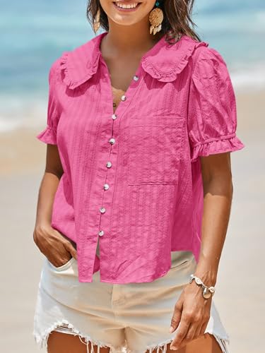 Image of Tankaneo Womens Puff Sleeve Shirts Peter Pan Collar Button Down Cotton Blouse Casual Summer Textured Tops