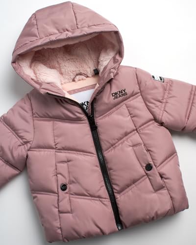 DKNY Infant Toddler Baby Girls\' Winter Jacket - Fleece Lined Quilted Bubble Puffer Parka Coat for Girls (Sizes:12M-4T), Size 12 Months, Dusty Rose - Thumbnail 3