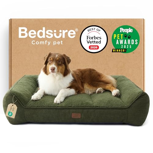BEDSURE ergonomisches Hundebett Grosse Hunde 96x71x21cm extra Dickes & druckentlastendes Hundesofa mit wasserdichter & wasschbarer Hülle, rutschfestes Bett mit weichem Sherpa-Plüsch, dunkelg