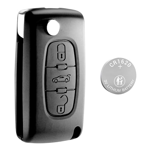 Jongo® CE0523 Kit Complet Coque Clé Compatible avec Peugeot 207 308 407 Partner Citroën Berlingo C5 + Pile CR1620 Boîtier Plip Télécommande 3 Boutons Coffre sans Lame