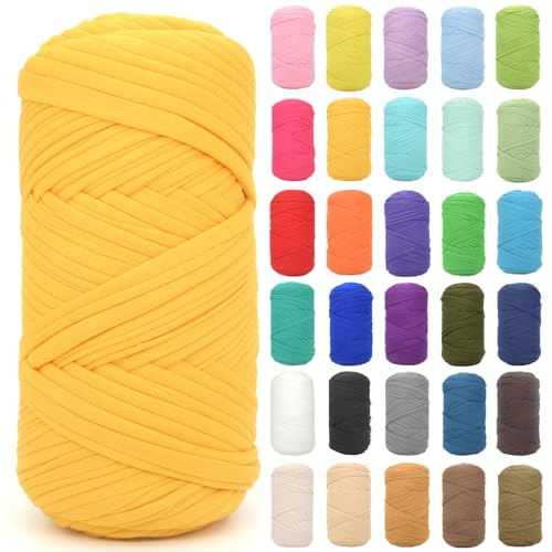 Tshirt Yarn for Crocheting,Golden Yellow T Shirt Chunky Elastic Fabric Thick T-Shirt Crochet Yarn for Beginners Crocheting Hand Knitting Bag/Basket/Coasters/DIY Crafts/Home Decor 200G(Golden Yellow