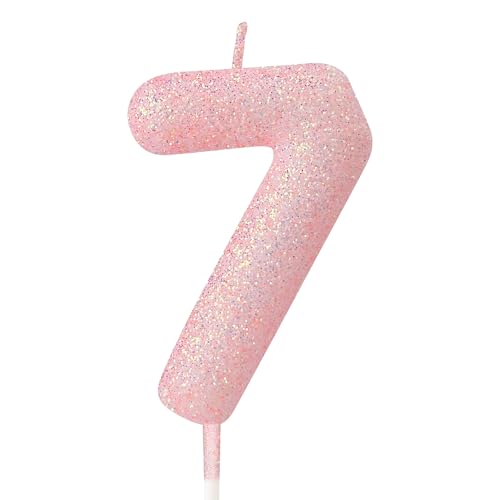 mciskin Glitzernde 7 Kerzen für Geburtstagskerzen, rosa Zahl 7 für Kuchen, rosa Dekorationen für Mädchen und Jungen, Macaron-Kuchen-Cupcake-Topper für Party, Babyparty, Hochzeitstag