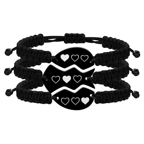 Personalize 3PCS Friendship Bracelets Heart Puzzle Matching Handmade Woven Braided Black Rope Bracelet Set for Best Friends Sisters