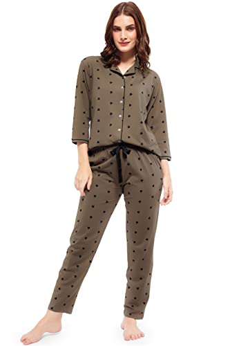 Image of ZEYO Women's Cotton Heart Printed Night Suit Set of Shirt & Pajama Set 51522 (Available in Plus Size)
