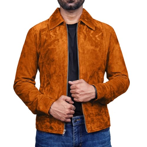 Image of Mens Polo Collar Zipper Suede Shirts Long Sleeve Shacket Suede Trucker Jacket Real Suede Leather Shirt