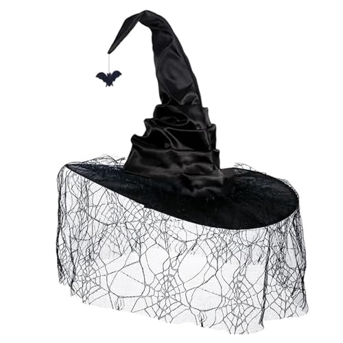 EPIPHQNY Beanie, Halloween Witch Hat with Mesh Spiderweb Wizard Hat Unisex Pointed Witch Caps Teens Cosplay Costume Headpiece