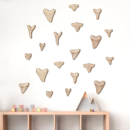 RattanView 20 Pcs Wooden Shark Teeth Nursery Wall Decor Shark Tooth Wall Art Baby Room Nursery Decor Megalodon Beach House Decoration for Boys Kids Room Bathroom Bedroom Lover Gift