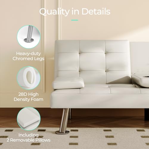 image for LINSY HOME Futon, Faux Lether Futon Couch Bed, Comfy Modern Black Futo