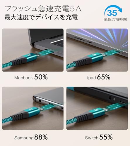 undefined USB C to USB Cケーブル【2本セット3m】 【PD QC4.0対応 100W/5A急速充電】Sweguard Type c to Type c ケーブルタイプc 充電ケーブルiPhone15 Pro Max, MacBook Pro/iPad Pro、Samsung Galaxy S23 S22 S21 S20 Note20,Google Pixel等type c機種対応(みどり) の商品画像 4