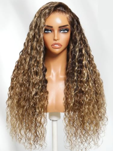 Image of Sunber 13x4 Bye Bye Slip Lace Frontal Human Hair Wig with Honey Blonde 18 inch | Highlights Water Wave Glueless Drawstring Wig Pre Everthing Pre Cut HD Lace Front Wigs Pre Plucked Knots 150% Density