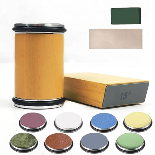 Rolling Knife Sharpener Kit, Professional Knife Sharpening Tools with 2 Magnetic Angle Offer 15/20° for Kitchen Knives, 8 Ceramic Discs, Leather Strop, Polishing Compound? (SET-C)