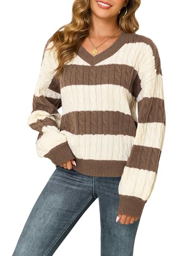 ZAFUL Fall Sweater for Women V Neck Lantern Sleeves Clothes Loose Fit Stripe Knitted Pullover Top 2025