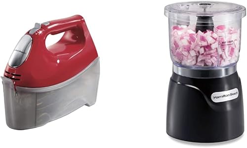 Miniatura 1 de Hamilton Beach Batidora de mano eléctrica de 6 velocidades picadora de verduras roja y eléctrica y mini procesador de alimentos 3 tazas 350 vatios