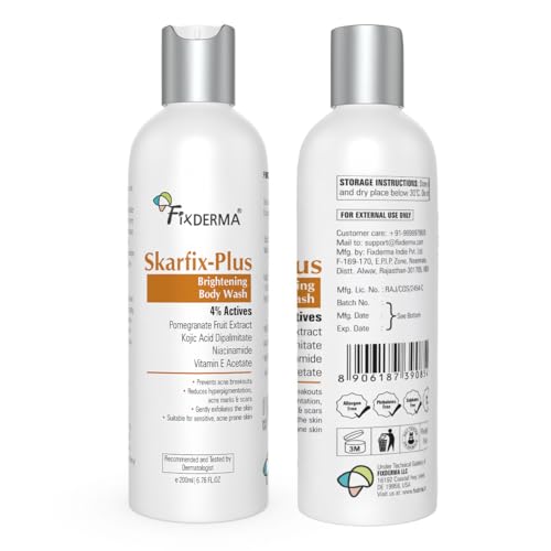 Image of Fixderma Skarfix Plus Brightening Body Wash with 4% Actives (Kojic Acid, Niacinamide Acid, & Vitamin E) | Body Wash Shower Gel for Women & Men | For Hyperpigmentation & Acne Marks - 200ml (Pack of 3)
